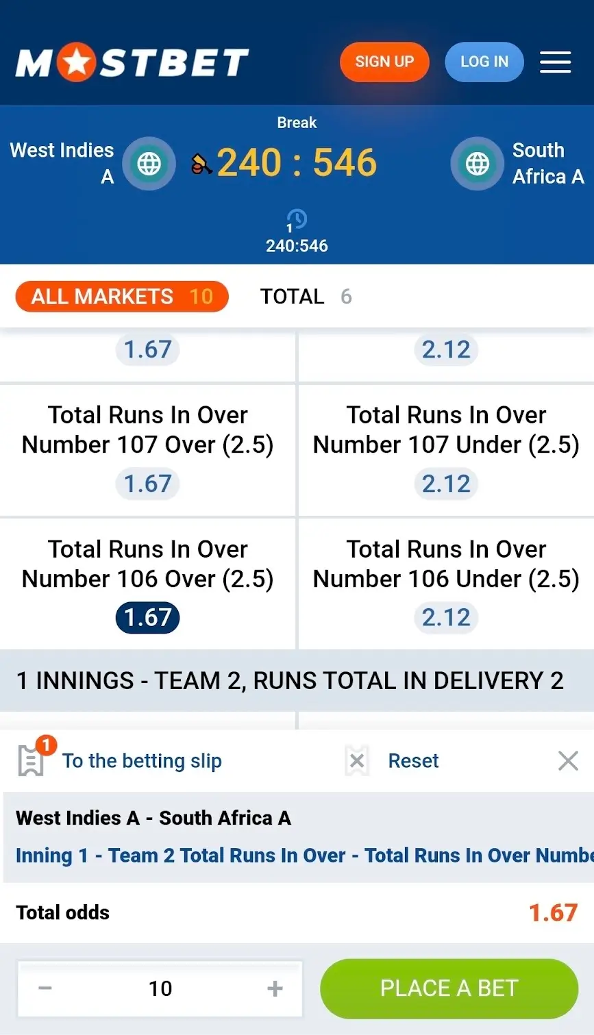 mostbet placing a bet